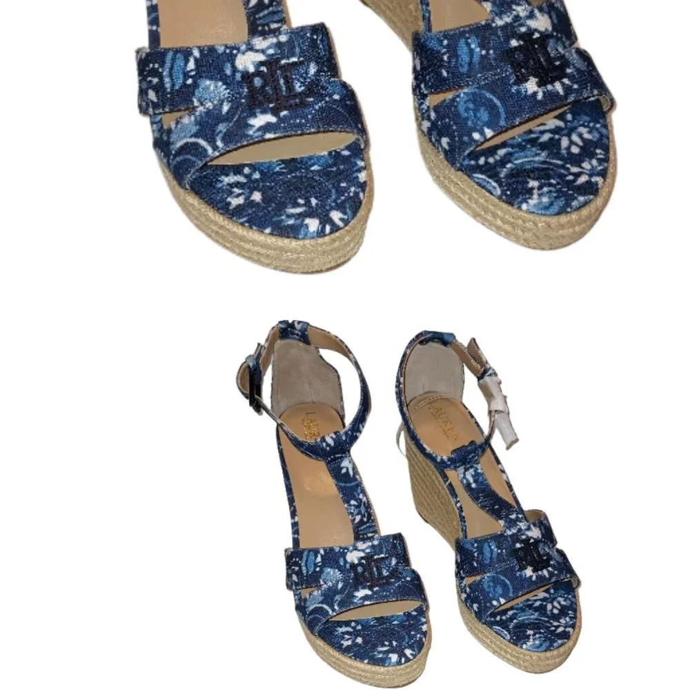 Lauren Ralph Lauren Hale Womens Logo Platform Espadrilles Wedge Sandals Size 11M